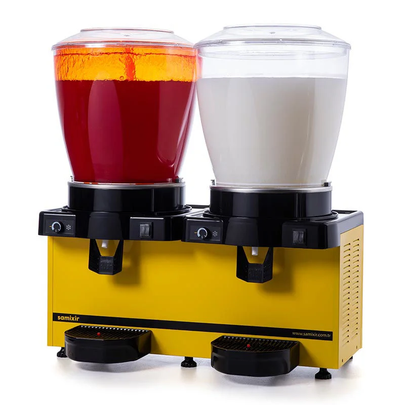 0000376 samixir twin cold drink dispenser 22 22 l panoramic analog sprinkler and mixer yellow