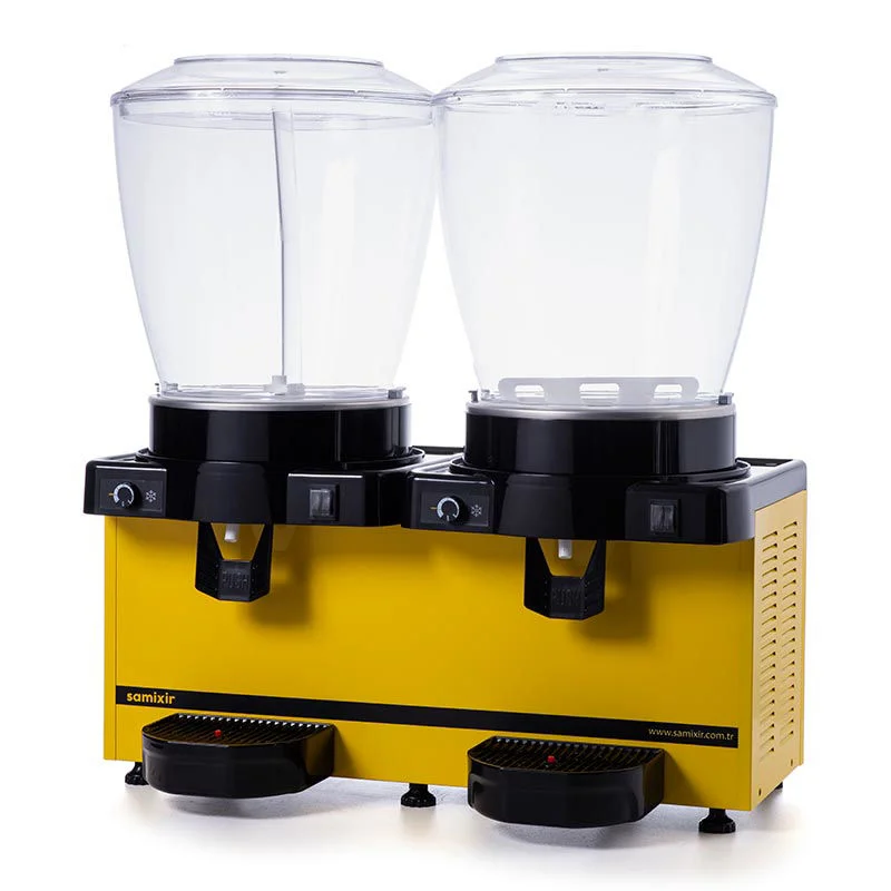 0000377 samixir twin cold drink dispenser 22 22 l panoramic analog sprinkler and mixer yellow
